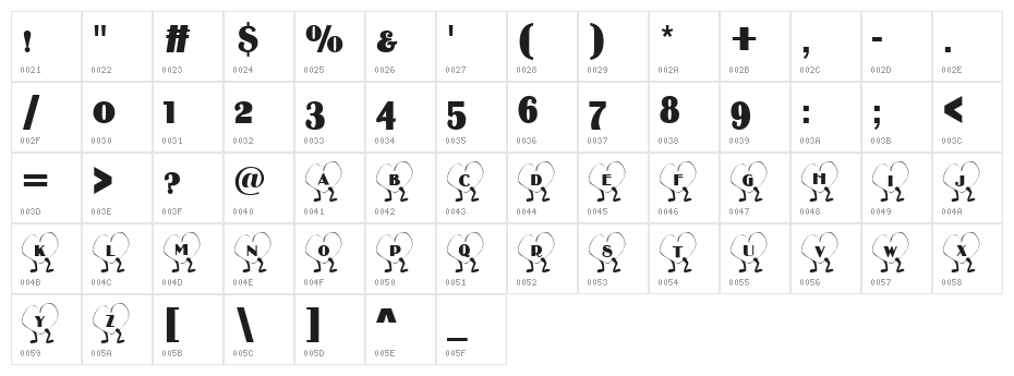 101! Walkin' Heart Character Map