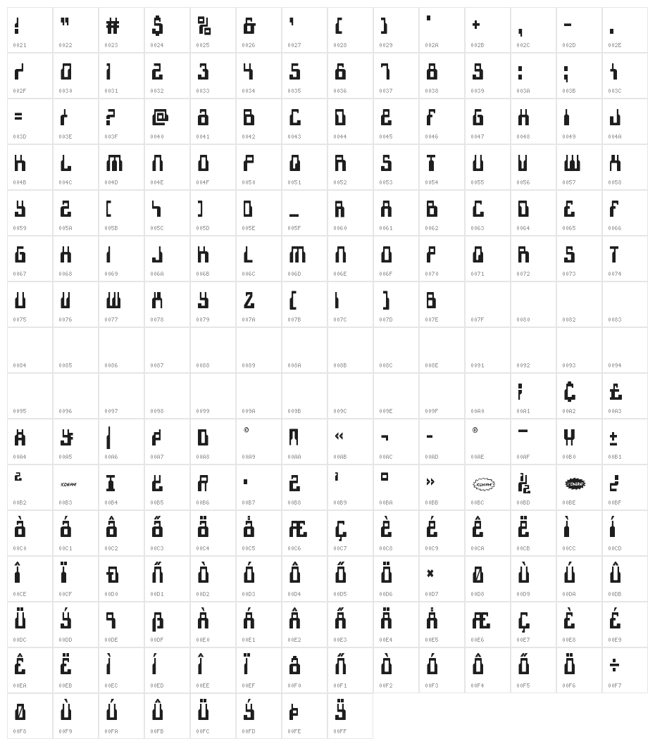 1968 Odyssey Condensed Character Map