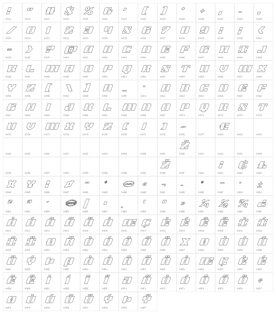 21 Gun Salute Outline Italic Character Map