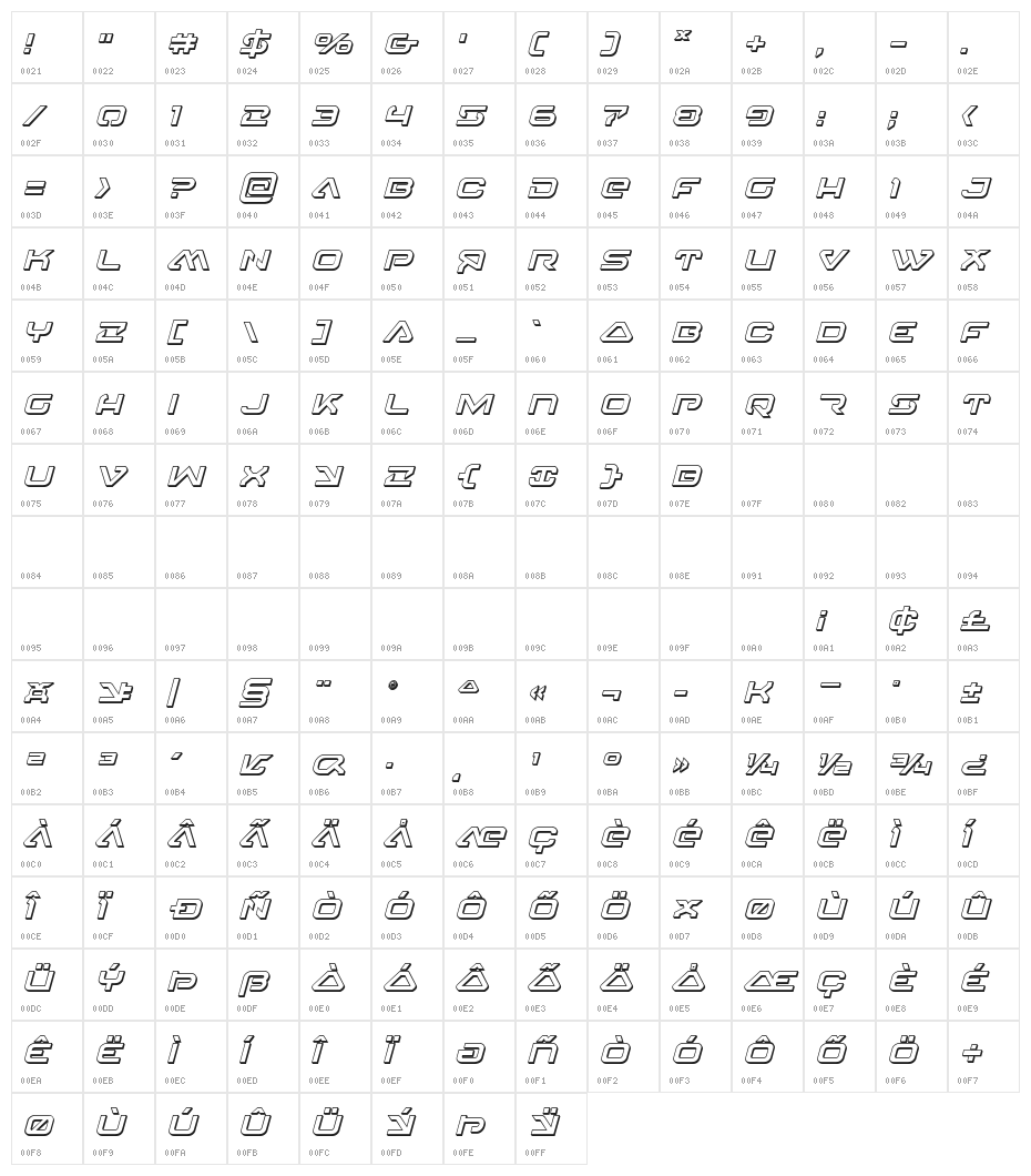 4114 Blaster 3D Italic Character Map