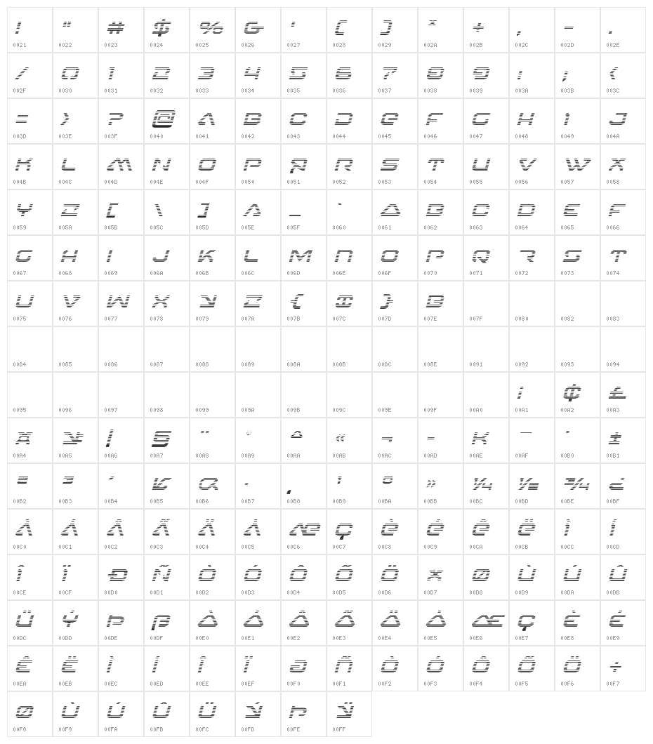 4114 Blaster Gradient Italic Character Map