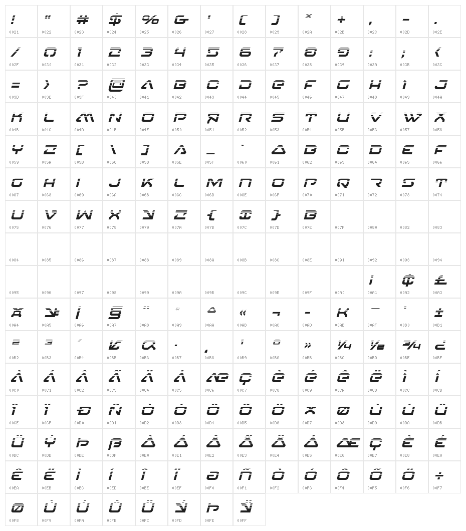 4114 Blaster Halftone Italic Character Map