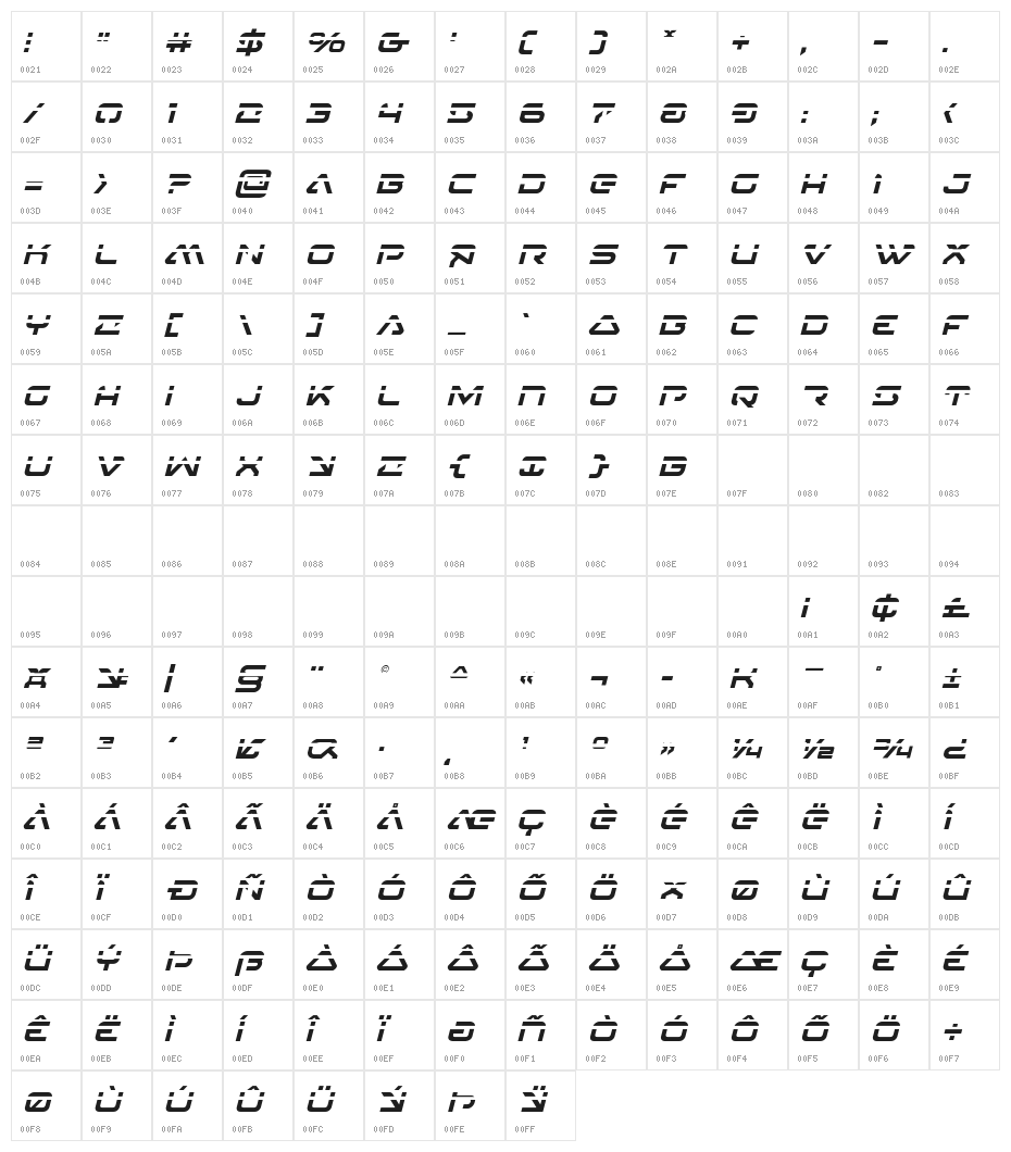 4114 Blaster Laser Italic Character Map