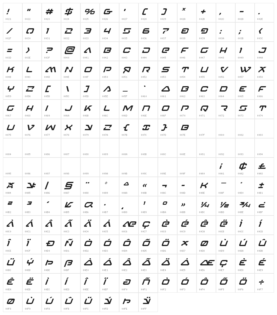 4114 Blaster Super-Italic Character Map