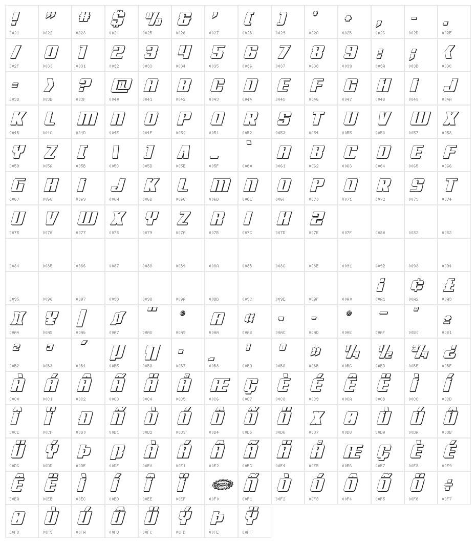 '89 Speed Affair 3D Italic Character Map