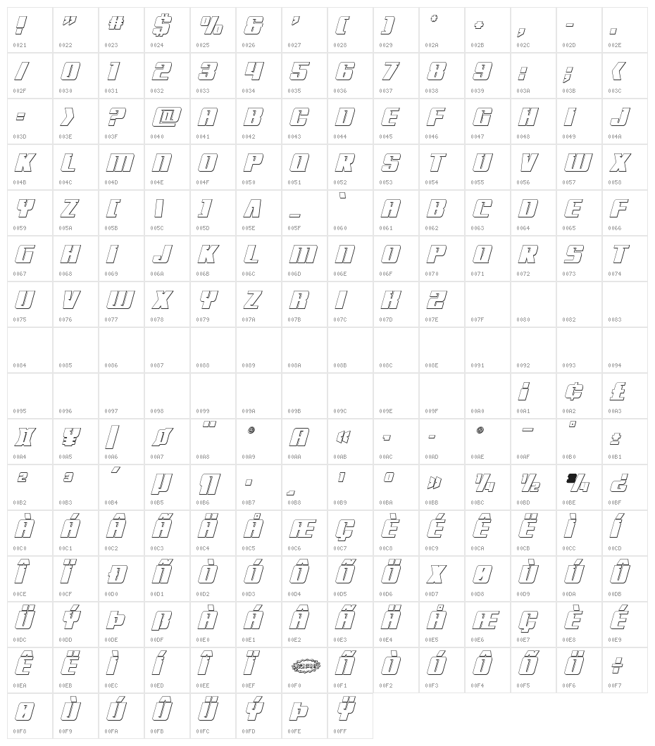 '89 Speed Affair Outline Ital Character Map