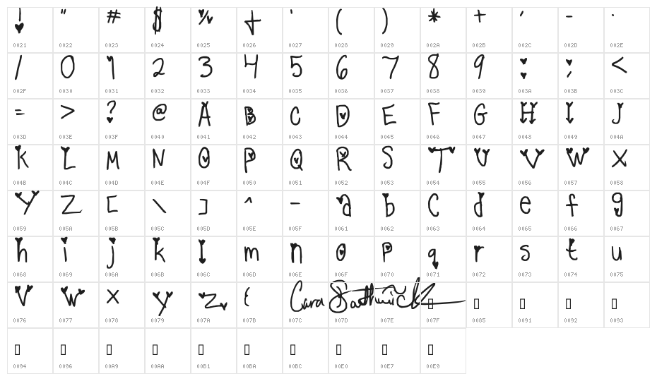 1cara hearts Character Map