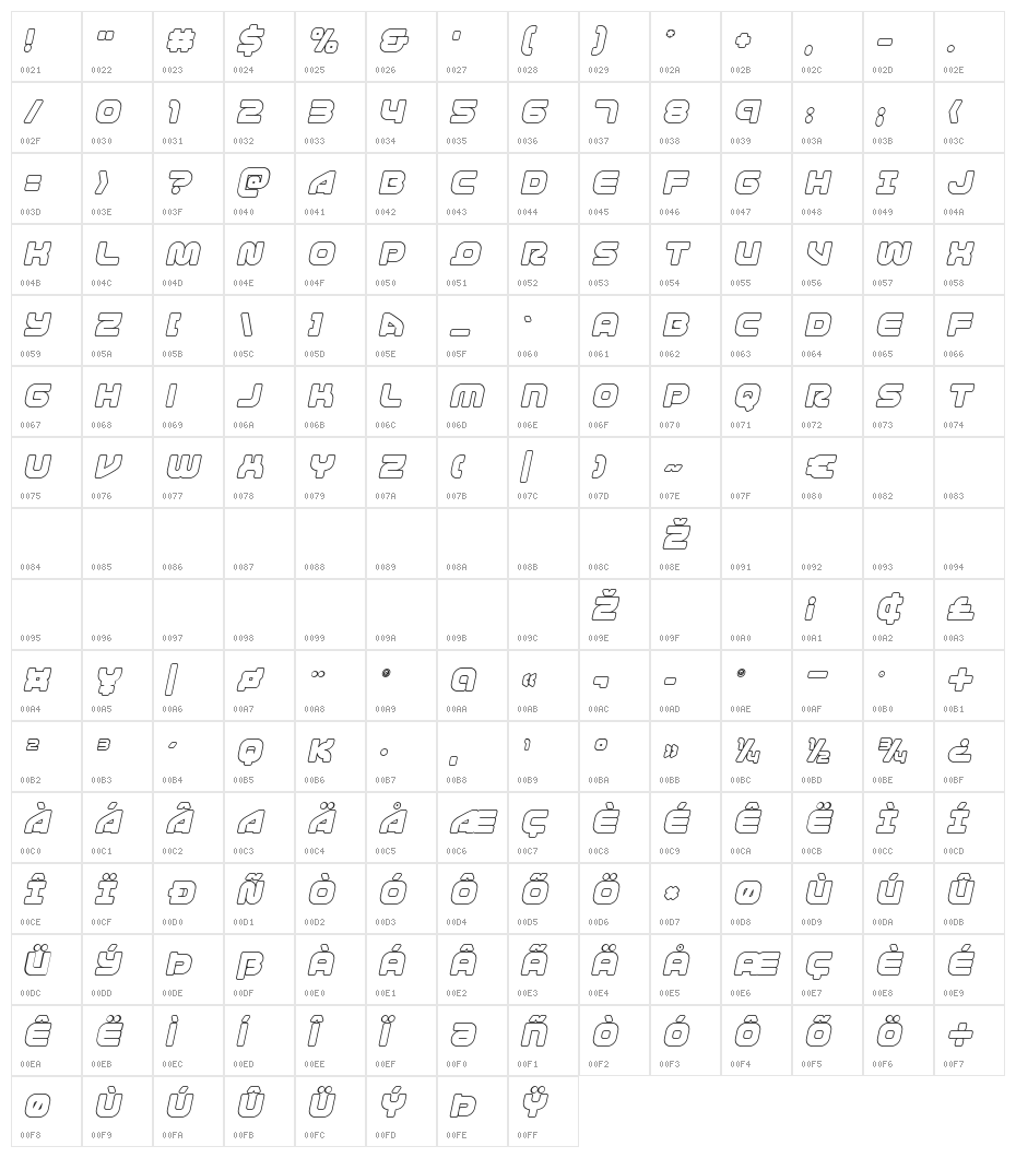 1st Enterprises Outline Italic Character Map