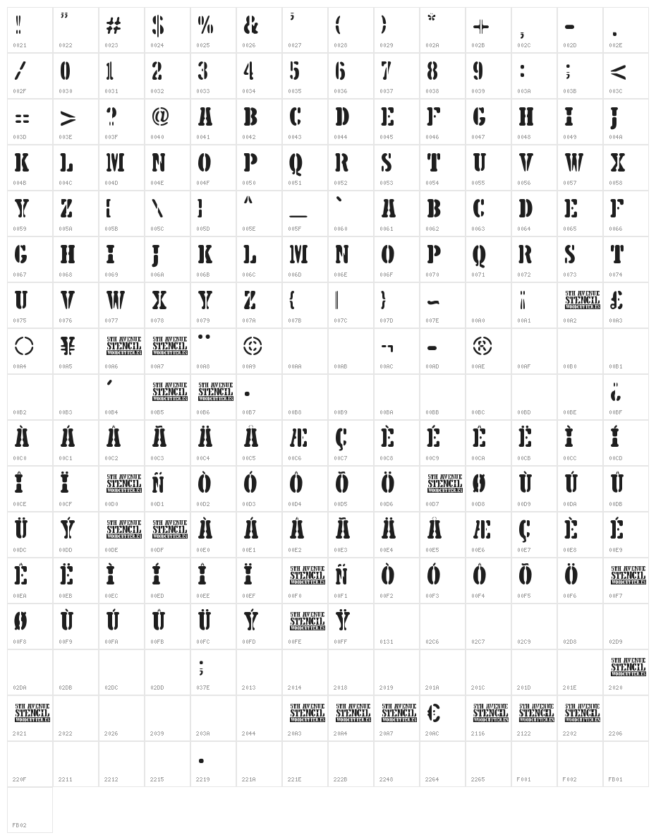 5TH AVENUE STENCIL Character Map