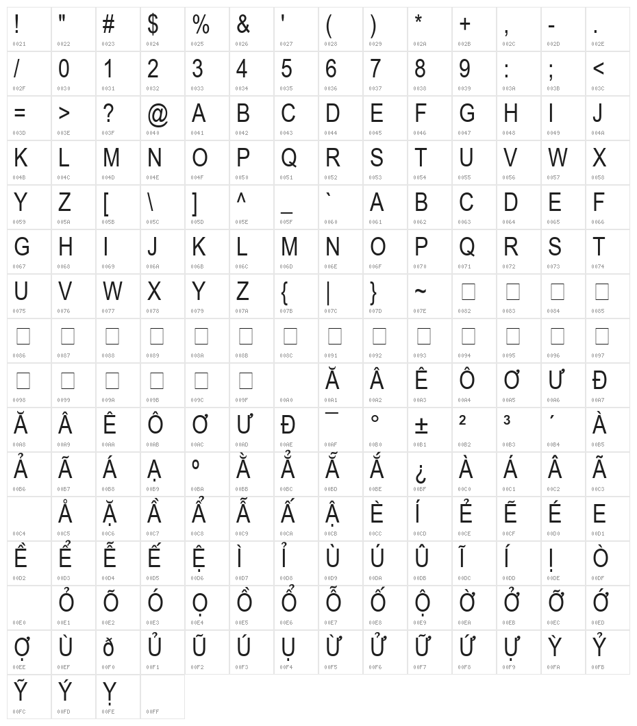 .VnArial NarrowH Character Map