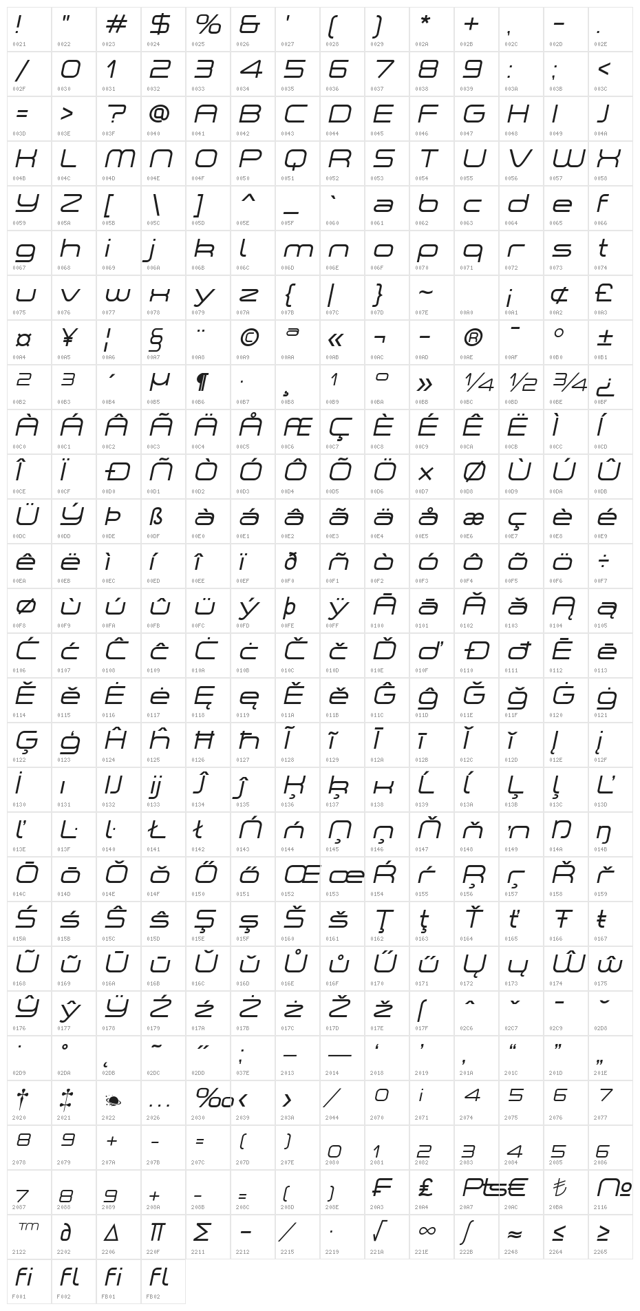 A-Space Light Demo Italic Character Map