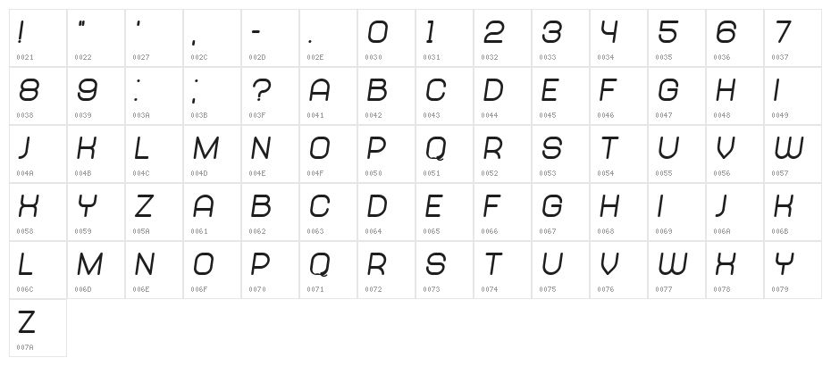 Abandoned Heavy Italic Character Map