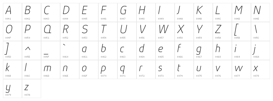 AbsolutRed-ThinItalic Character Map
