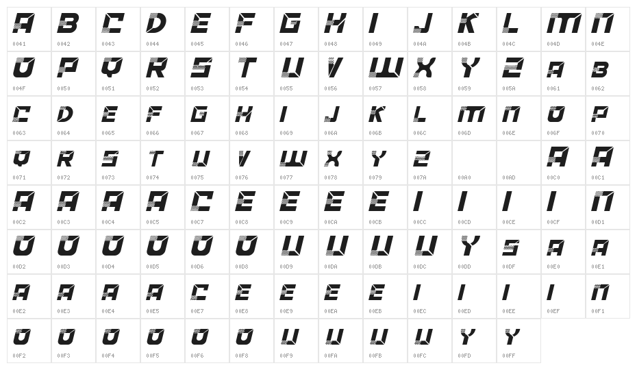 ACCELERARE Demo Italic Character Map