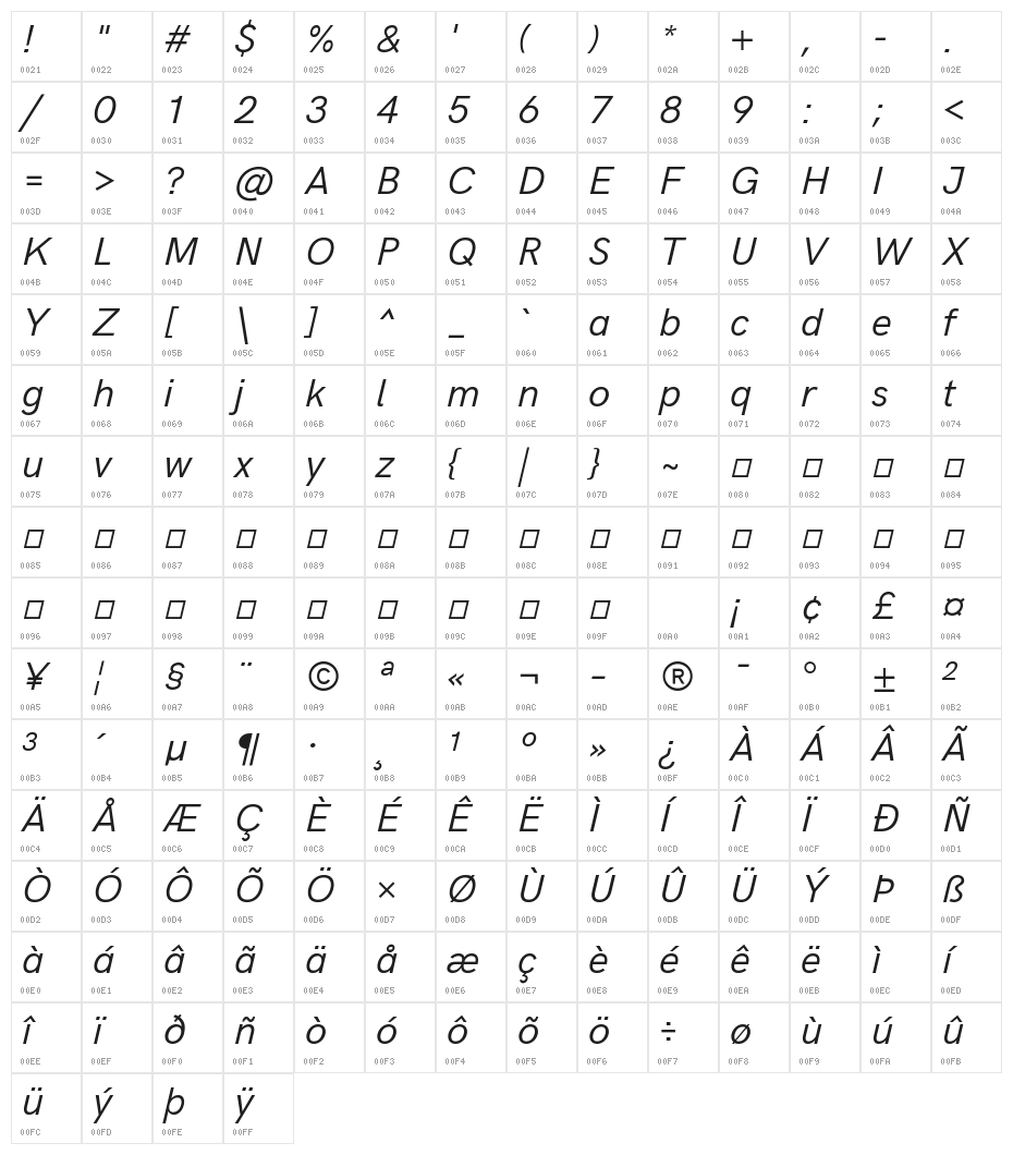 Acari Sans Italic Character Map