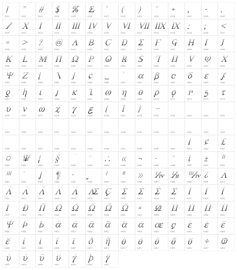 Achilles Gradient Italic Character Map