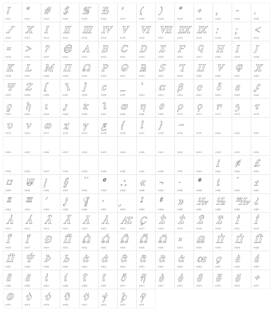 Achilles Outline Italic Character Map