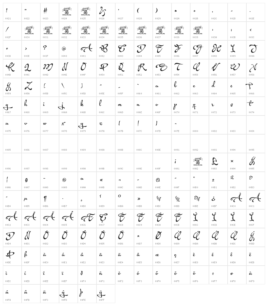 Acryle Script Personal Use Character Map