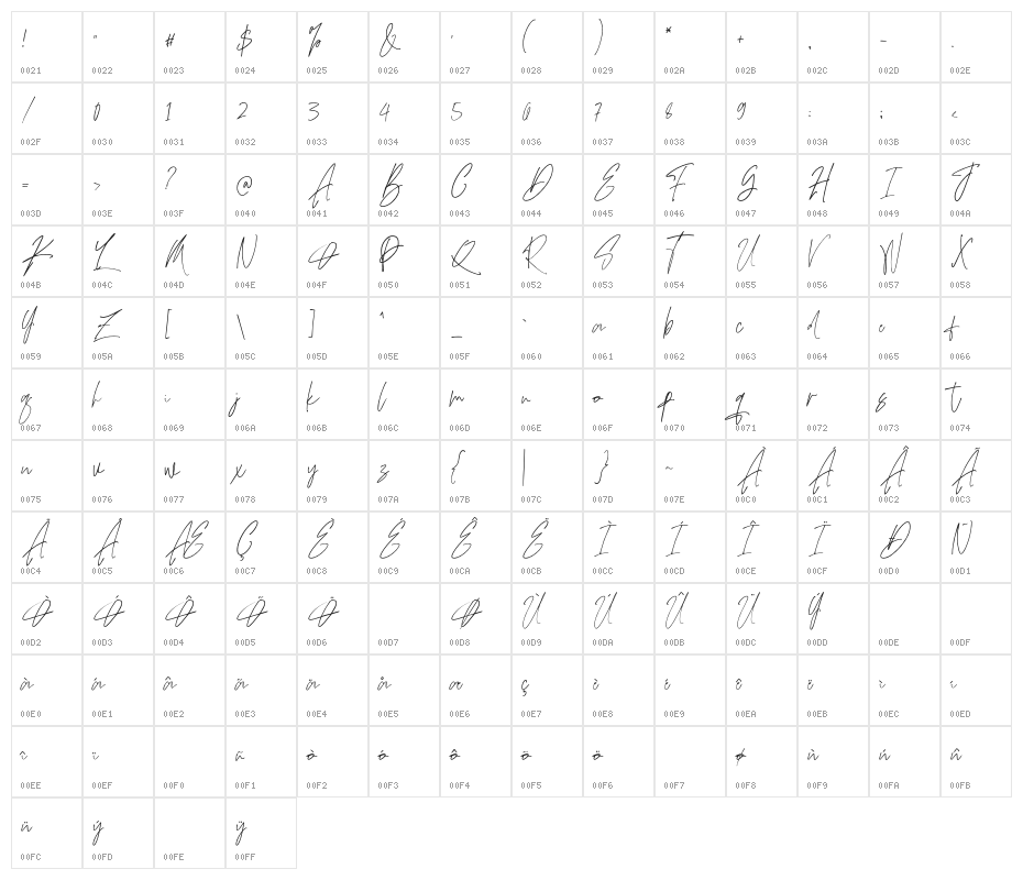 AdustineSignature-Regular Character Map