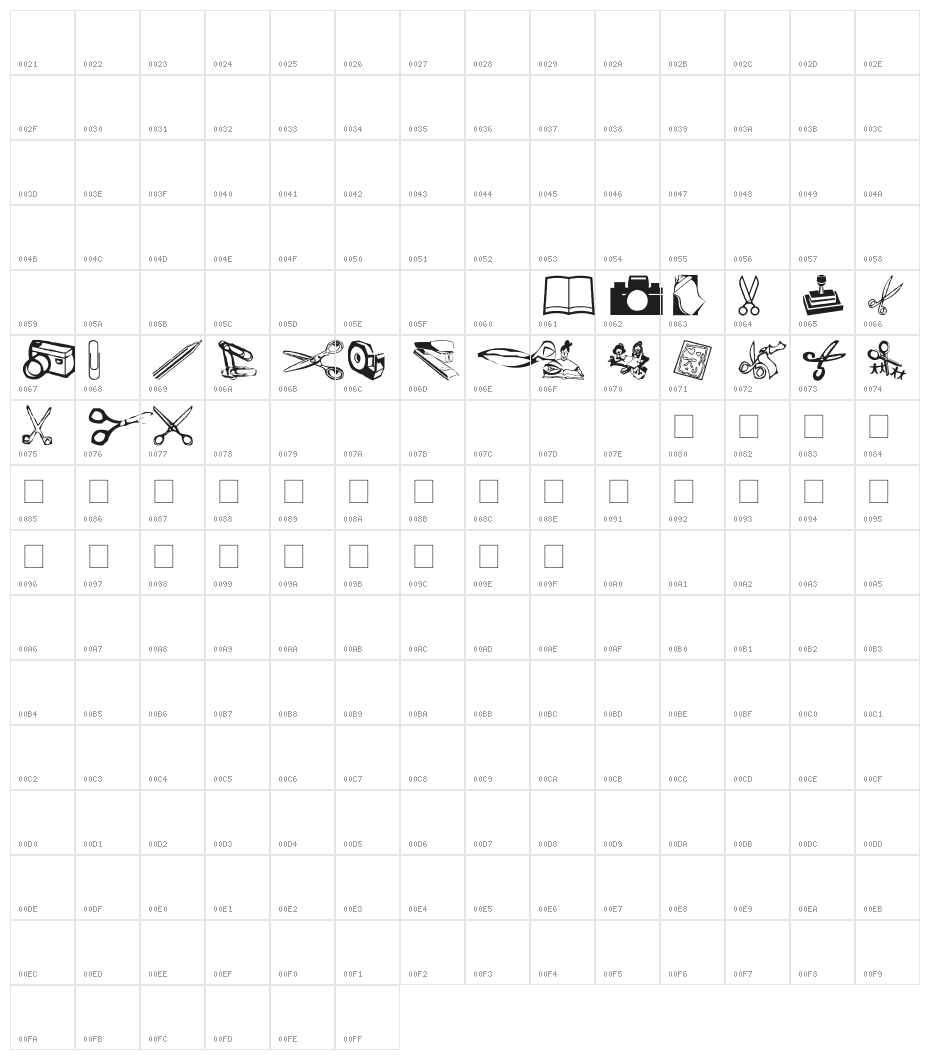 AEZ scrapbooking dings Character Map