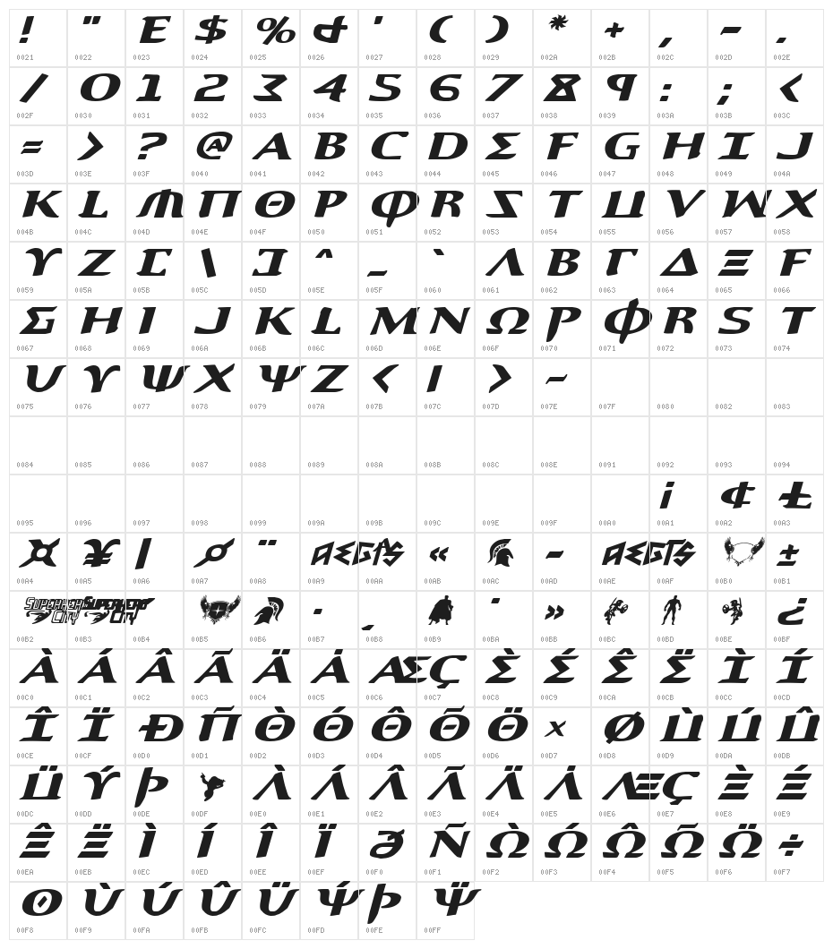 Aegis Expanded Italic Character Map