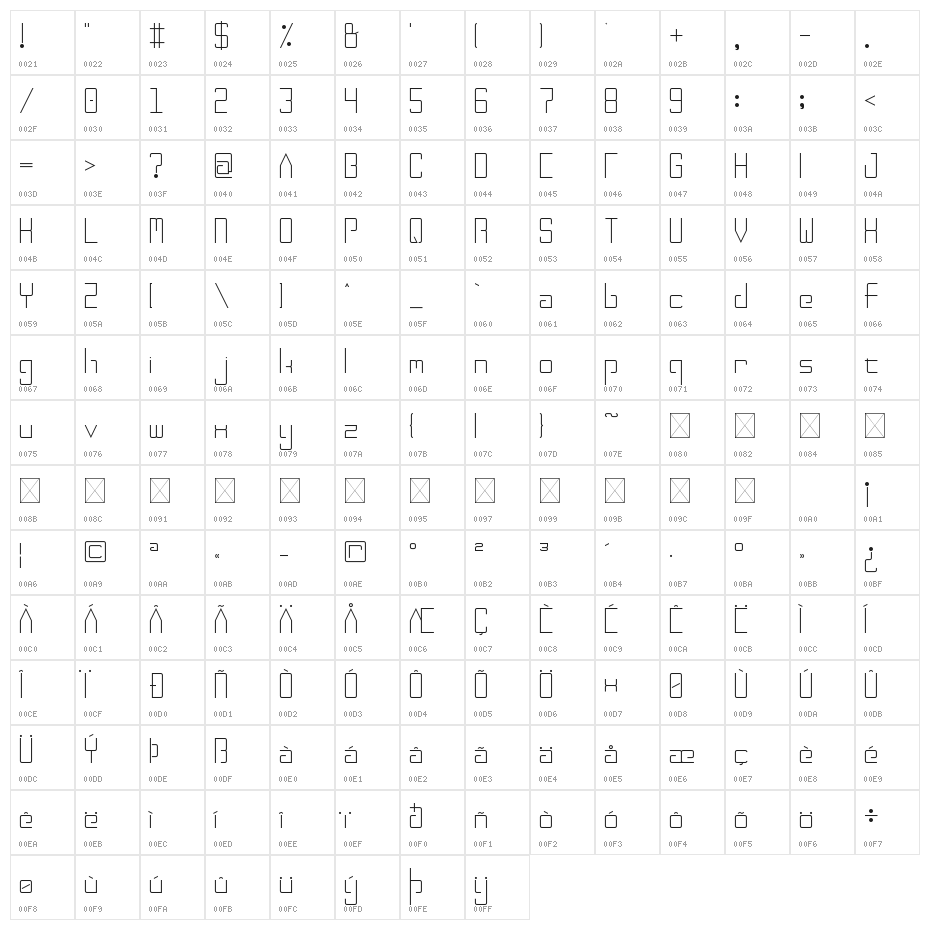 Aegris Outline Regular Character Map