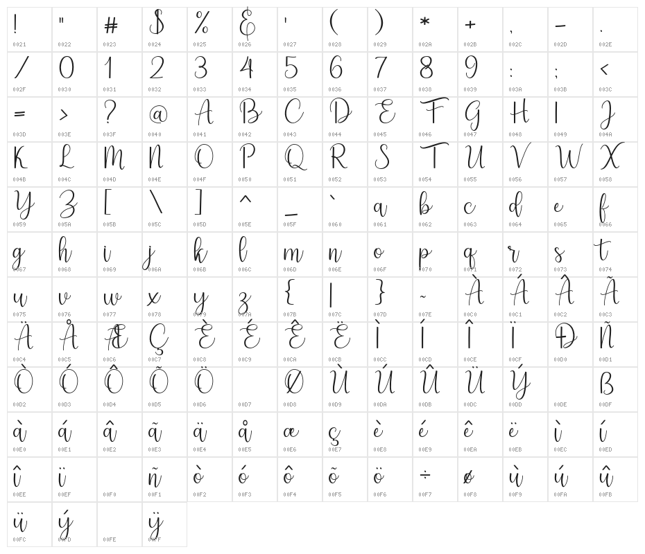 AestheticScript-Regular Character Map