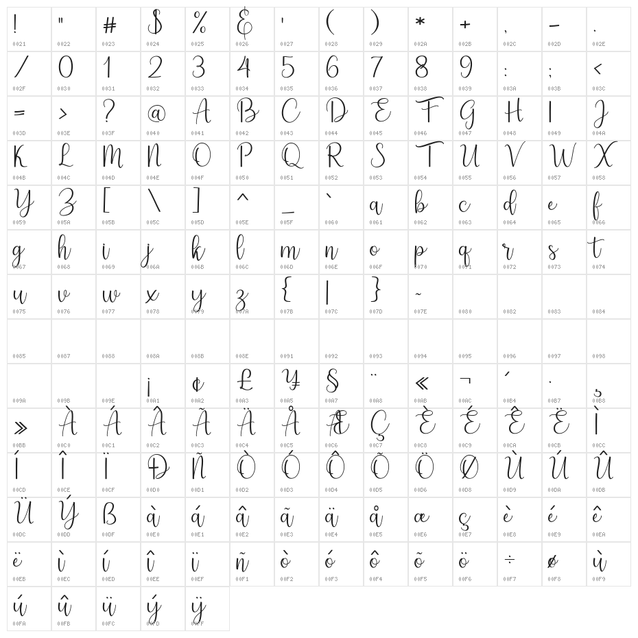 AestheticScript-Regular Character Map