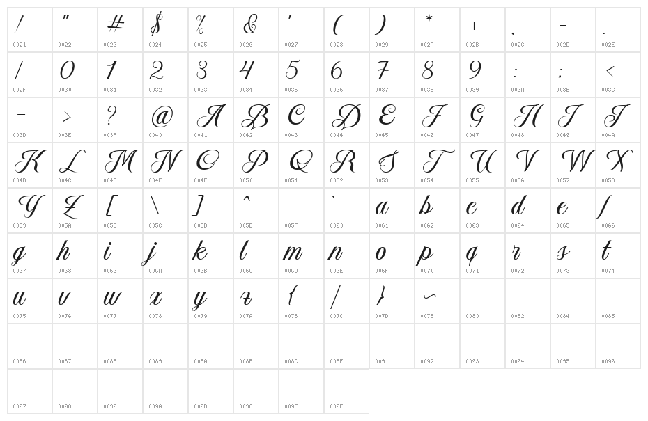 Aetrina Free Script Regular Character Map