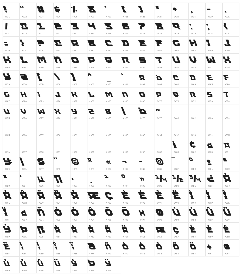 Airacobra Leftalic Character Map