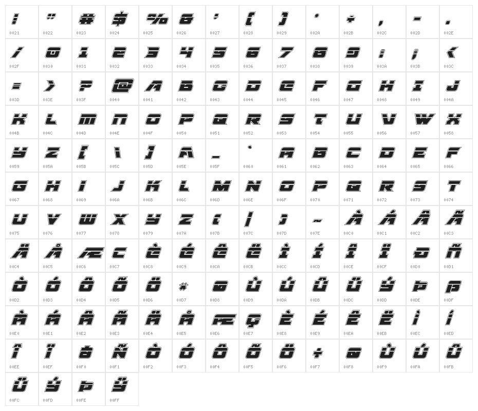 Aircruiser Academy Laser Italic Character Map