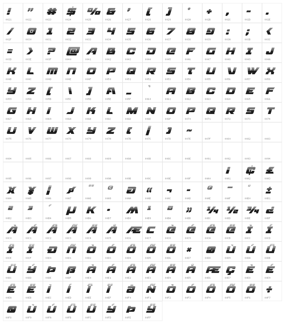 Aircruiser Halftone Italic Character Map