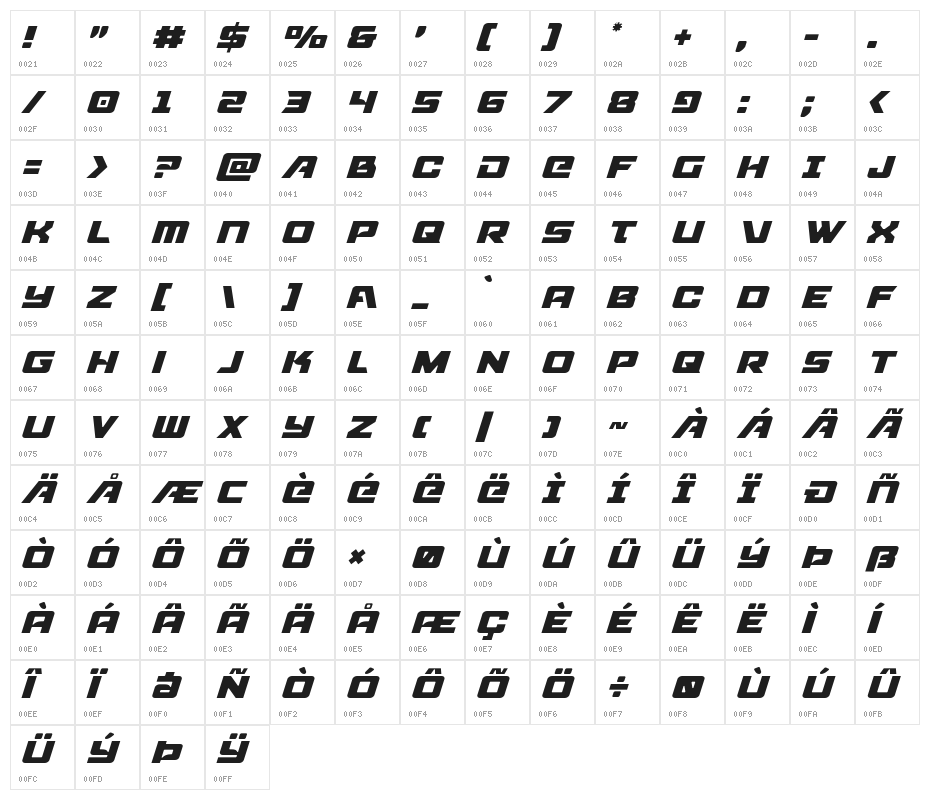 Aircruiser Light Italic Character Map