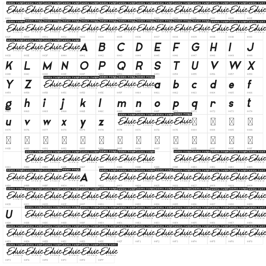 Airframe Demo Bold Italic Character Map