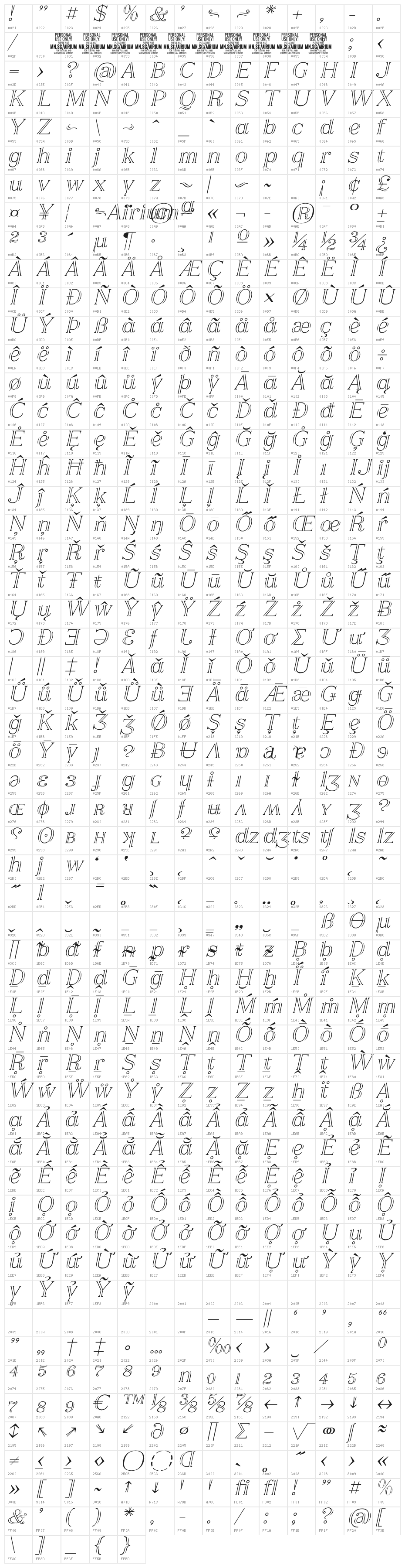 Airium Italic PERSONAL USE ONLY Regular Character Map