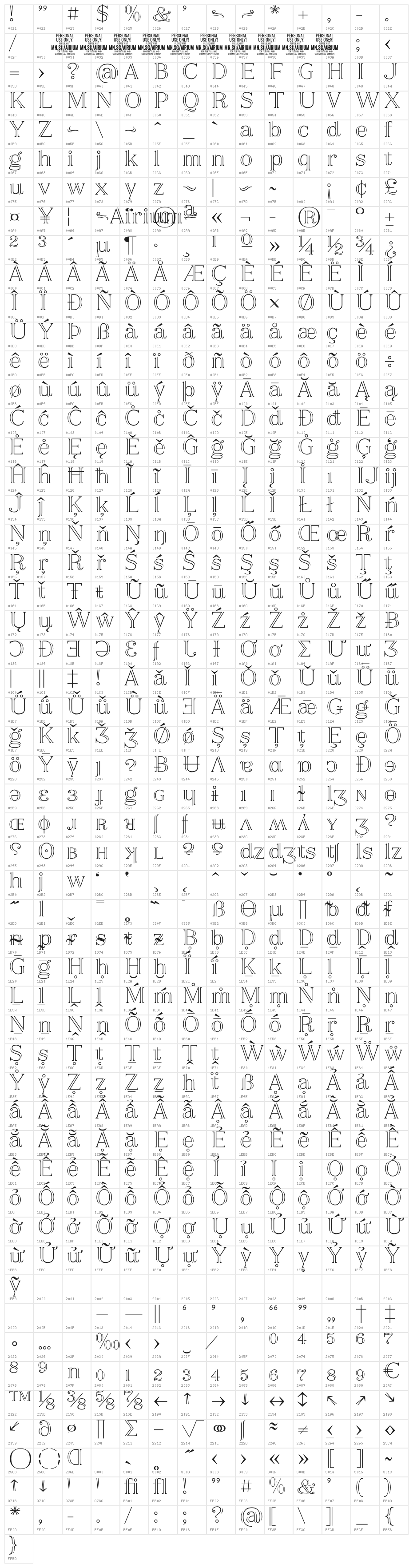Airium PERSONAL USE ONLY Regular Character Map
