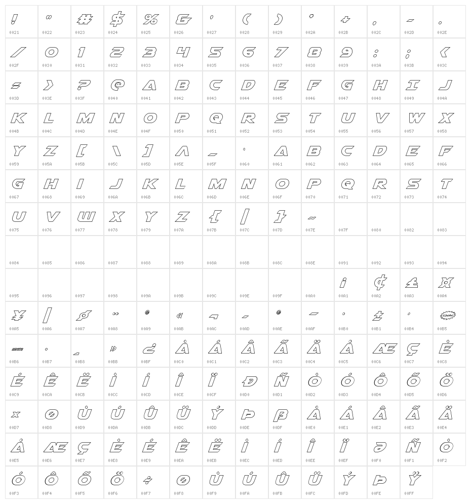 Airstrike Outline Regular Character Map