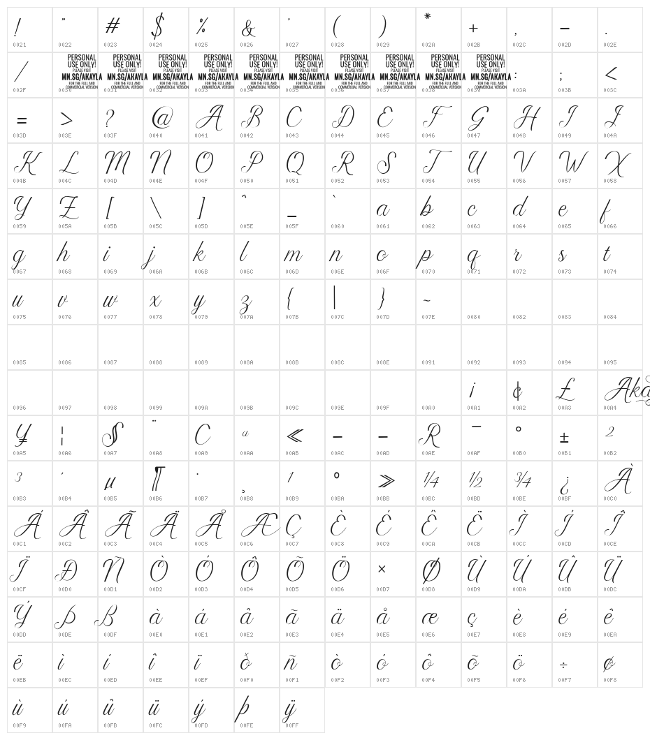 AkaylaScriptPERSONALUSE Character Map