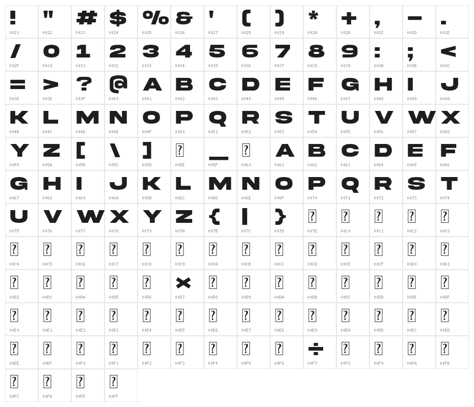 AkiraExpanded-SuperBold Character Map