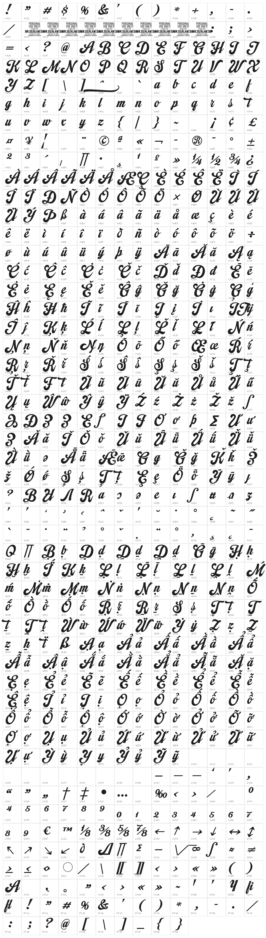 Alameda Script PERSONAL USE Regular Character Map
