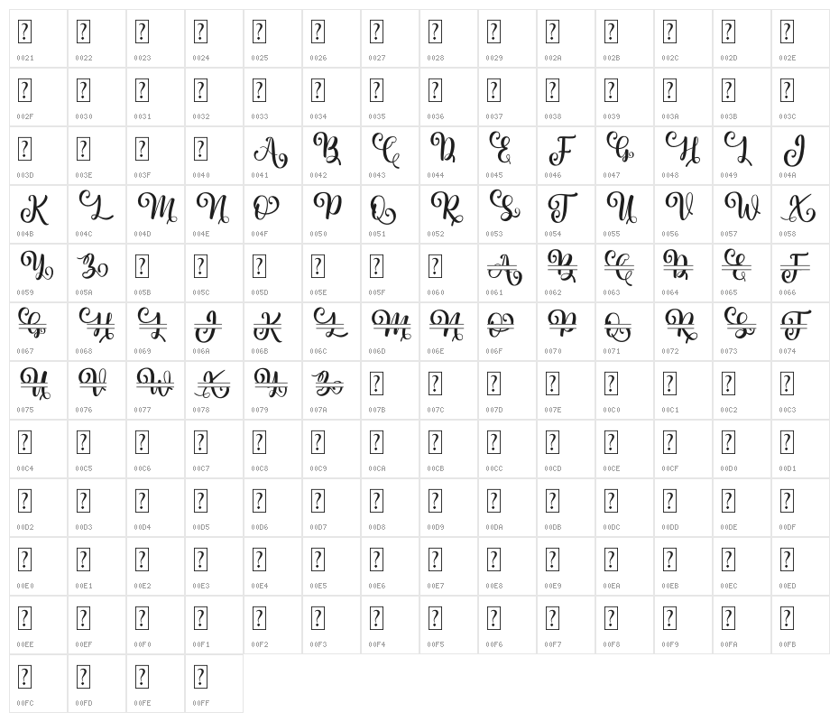 Albanian Olive Monogram 1 Character Map