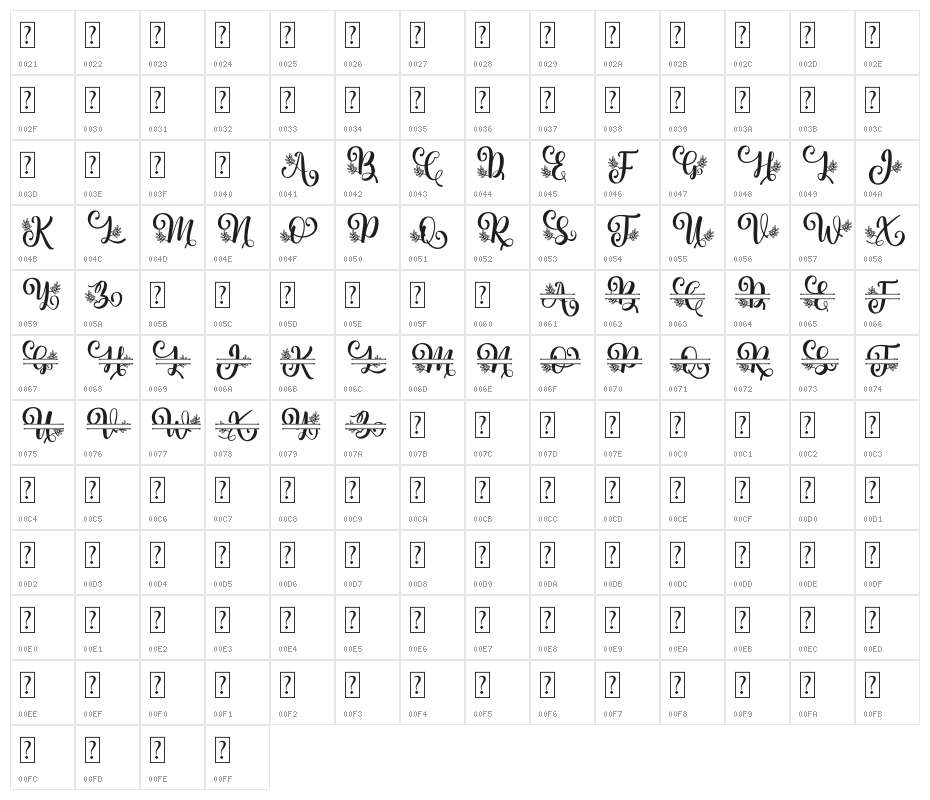 Albanian Olive Monogram 2 Character Map