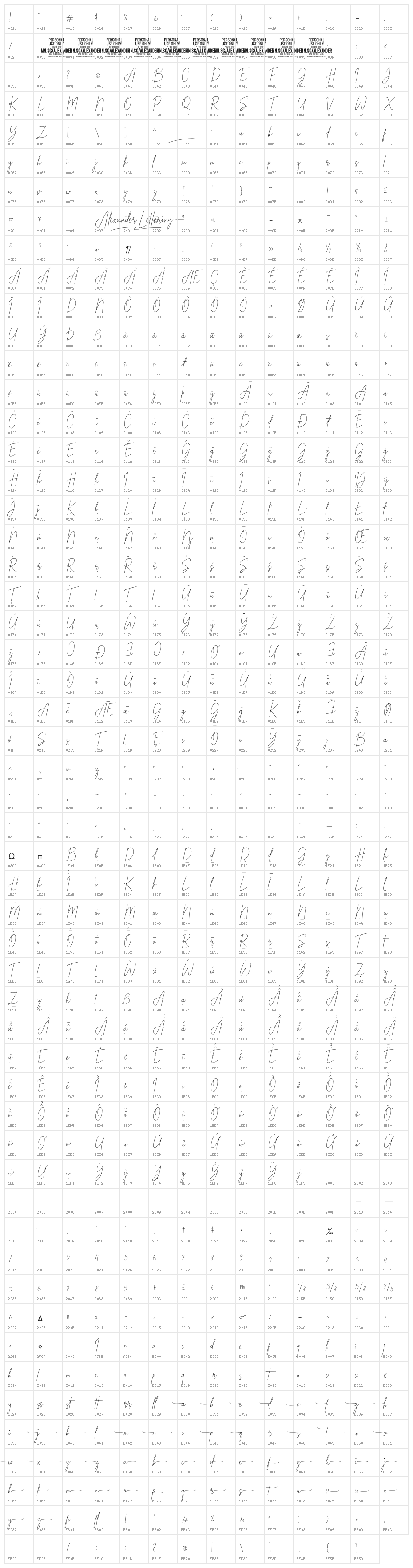 Alexander Lettering PERSONAL Regular Character Map