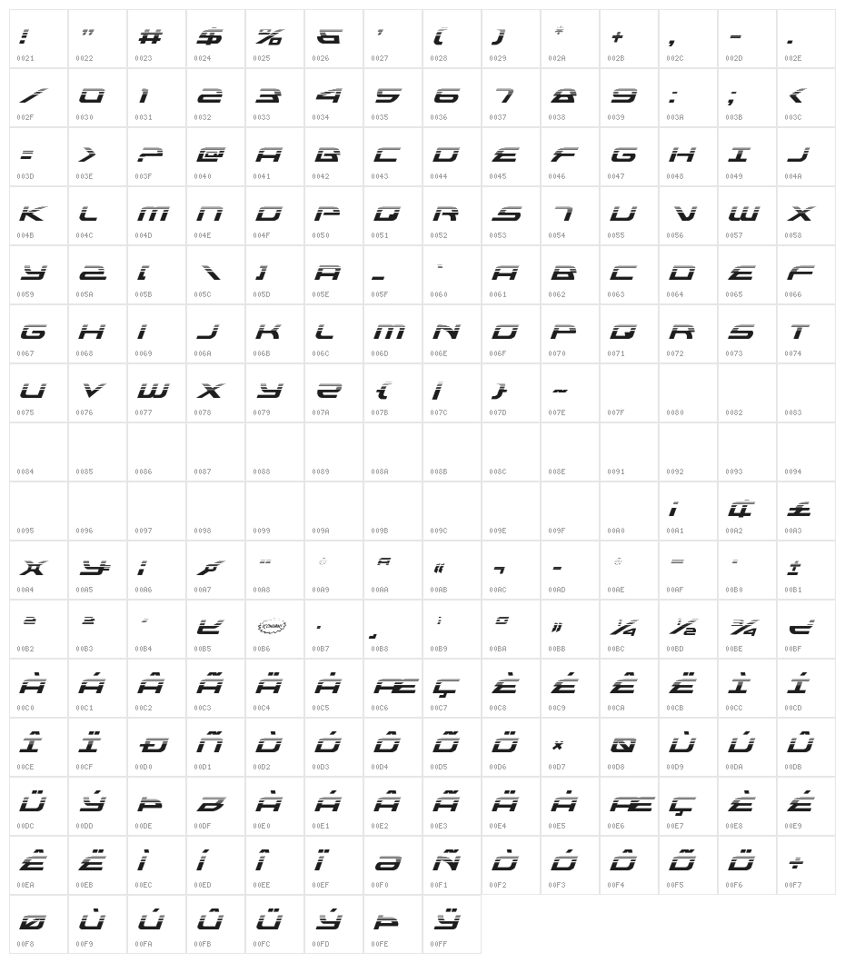 Alexis Halftone Italic Character Map