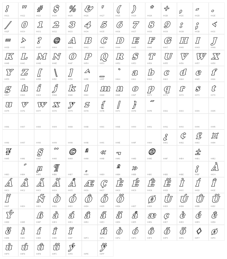 Alfredo Heavy Hollow Wide Bold Italic Character Map