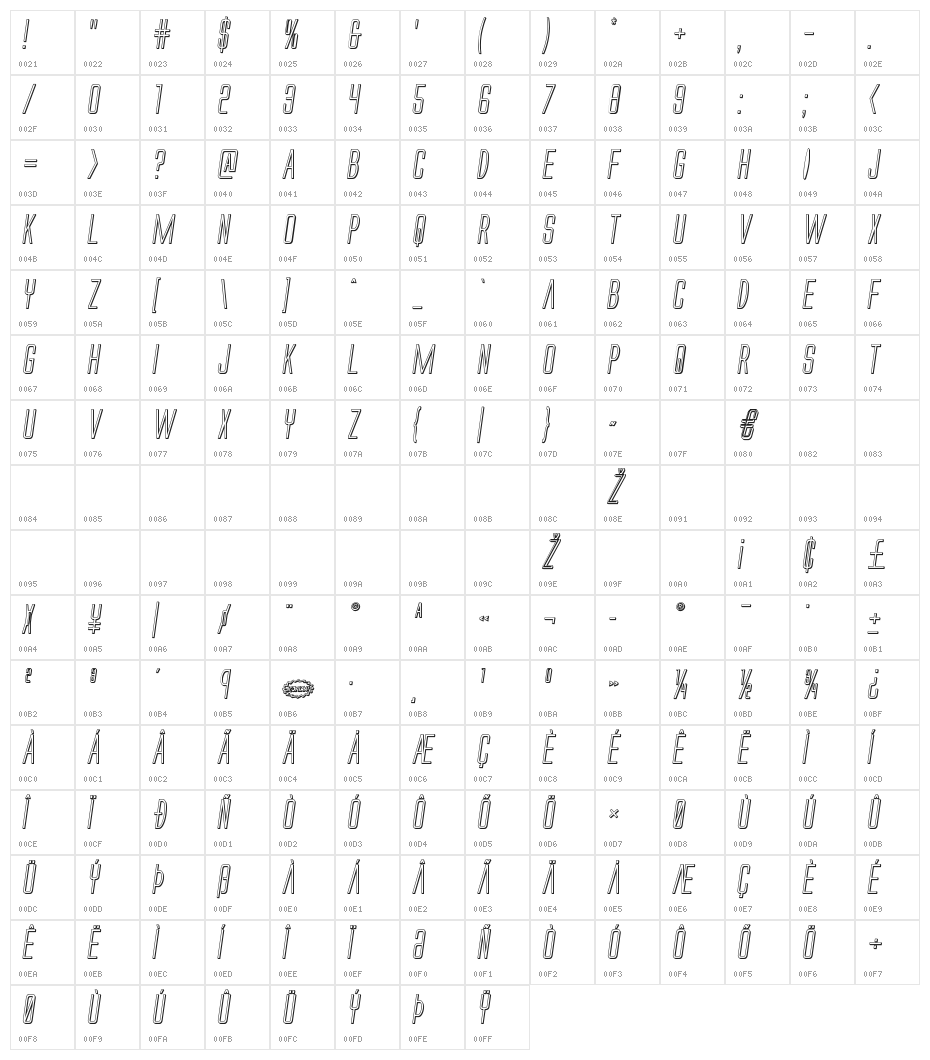 Alien League 3D Italic Character Map