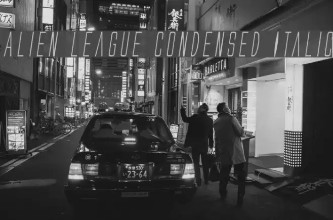 Alien League Condensed Italic Font examples