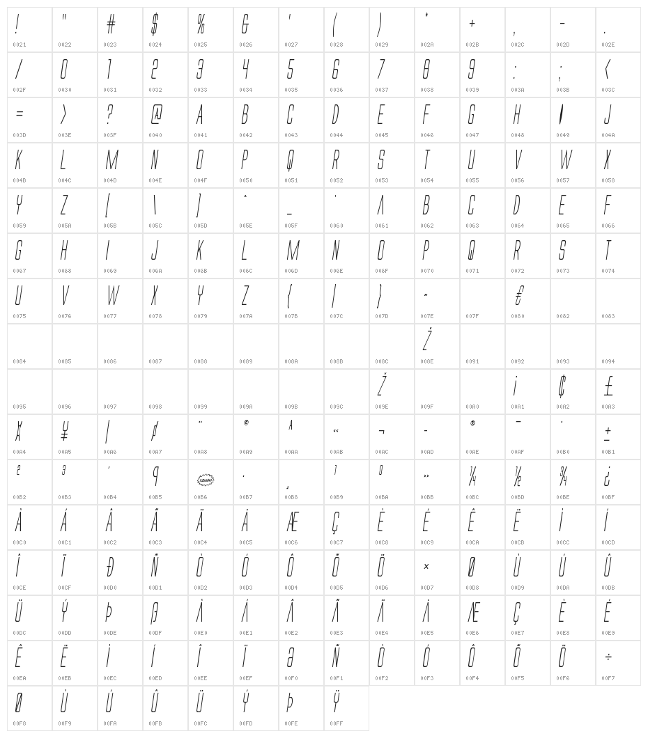 Alien League II Condensed Italic Character Map