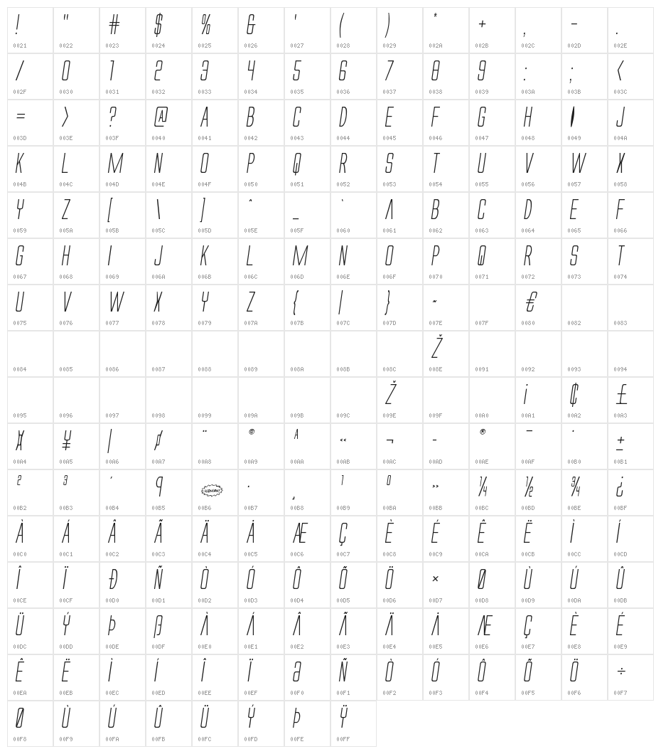 Alien League II Italic Character Map