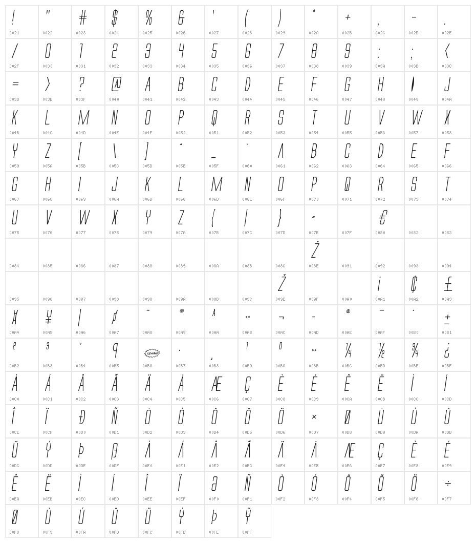 Alien League Italic Character Map